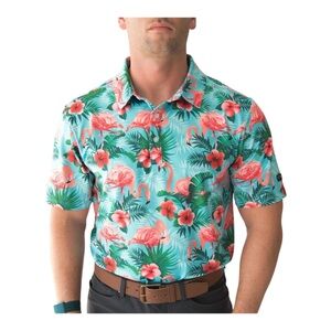 Yatta Golf Mens‎ Sz M Polo Shirt Tropical Pau Hana Flamingo Pattern New